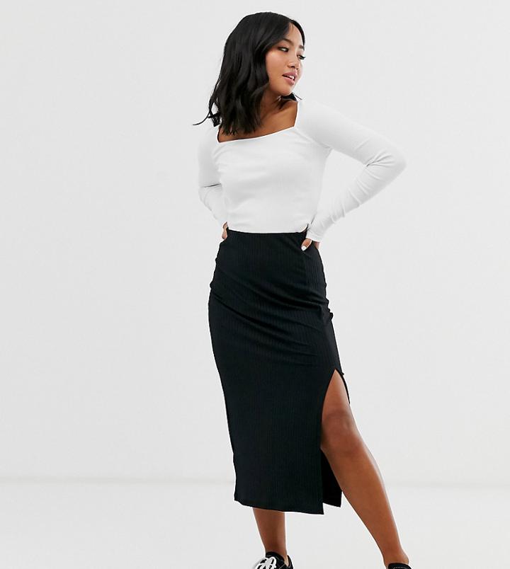 New Look Petite Ribbed Midi Skirt In Black