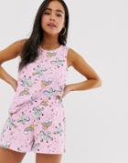 Asos Design Unicorn Print Tank And Short Pyjama Set-pink