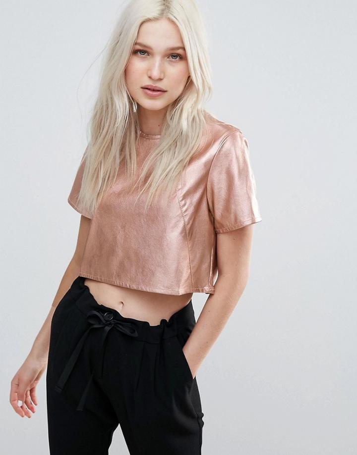 Neon Rose Metallic Pu Crop Top - Gold