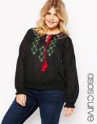Asos Curve 70s Embroidered Blouse - Black