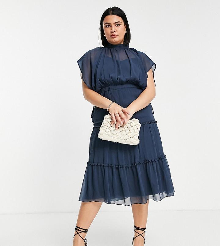 Asos Design Curve High Neck Soft Midi Dress With Tiered Skirt In Dusty Blue-blues