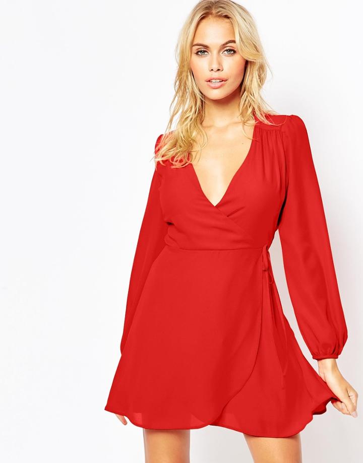 Asos Mini Wrap Dress With Blouson Sleeves - Black $63.00