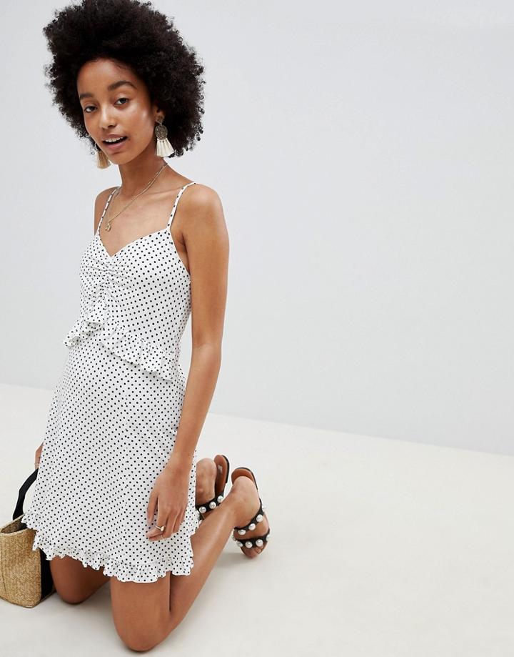 Asos Design Frill Detail Mini Sundress In Mono Polka Dot - Multi
