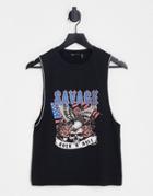 Asos Design Graphic Rock Tank Top With Diamante Arm Hole Trim In Black
