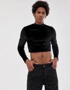 Asos Design Skinny Cropped Long Sleeve T-shirt With Turtleneck In Velour-black