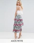 Asos Petite Pleated Midi Skirt With Tiers In Palm Print - Multi