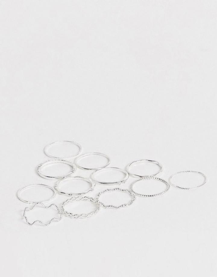 Asos Design Pack Of 12 Rings With Twist Details And Engraved Designs In Silver Tone