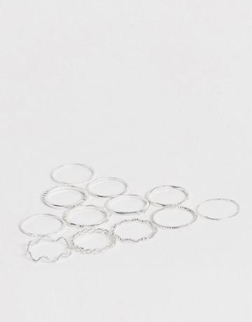 Asos Design Pack Of 12 Rings With Twist Details And Engraved Designs In Silver Tone