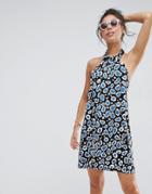 Asos Halter Swing Sundress In Blue Leopard Print - Multi