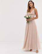 Asos Design Bridesmaid Cami Wrap Tie Waist Maxi Dress With Layered Skirt - Pink