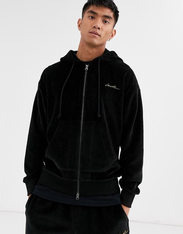 Lacoste L!ve Velour Full Zip Logo Hoodie In Charcoal-black