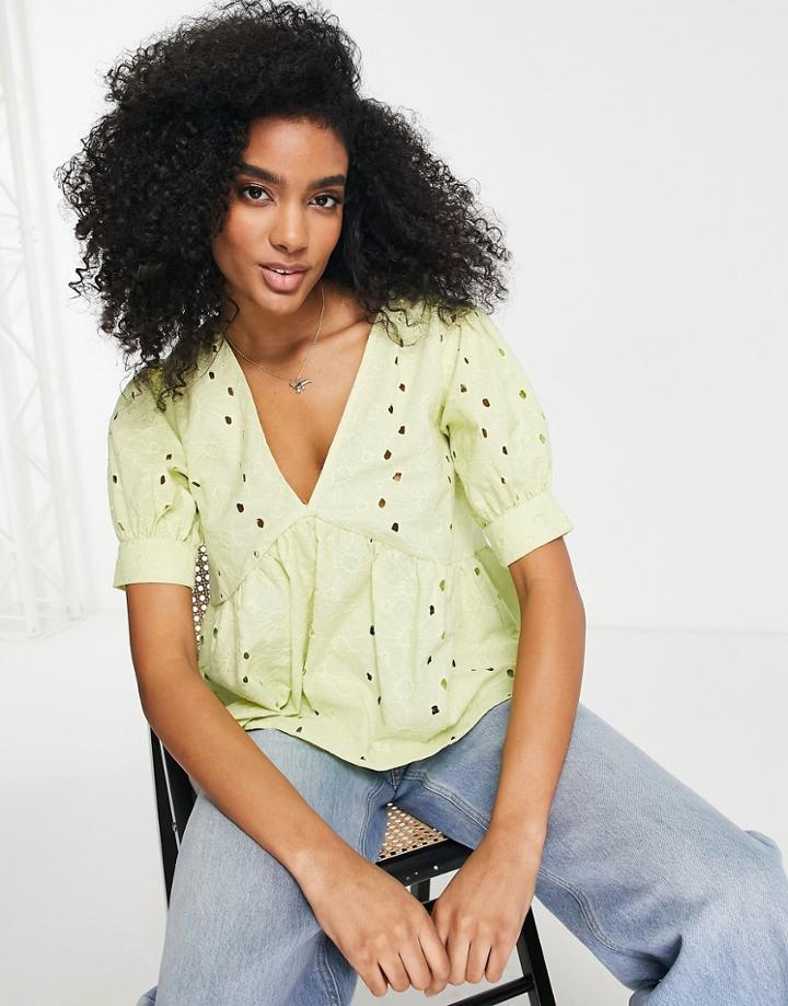 Asos Design Crinkle Wrap Crop Top With Shirred Back In Sage-multi