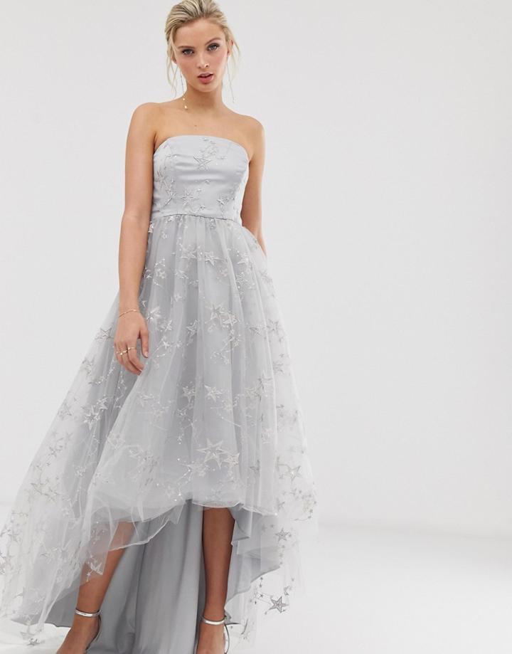 Dolly & Delicious Bandeau High Low Prom Maxi Dress With Star Embroidery In Silver - Silver