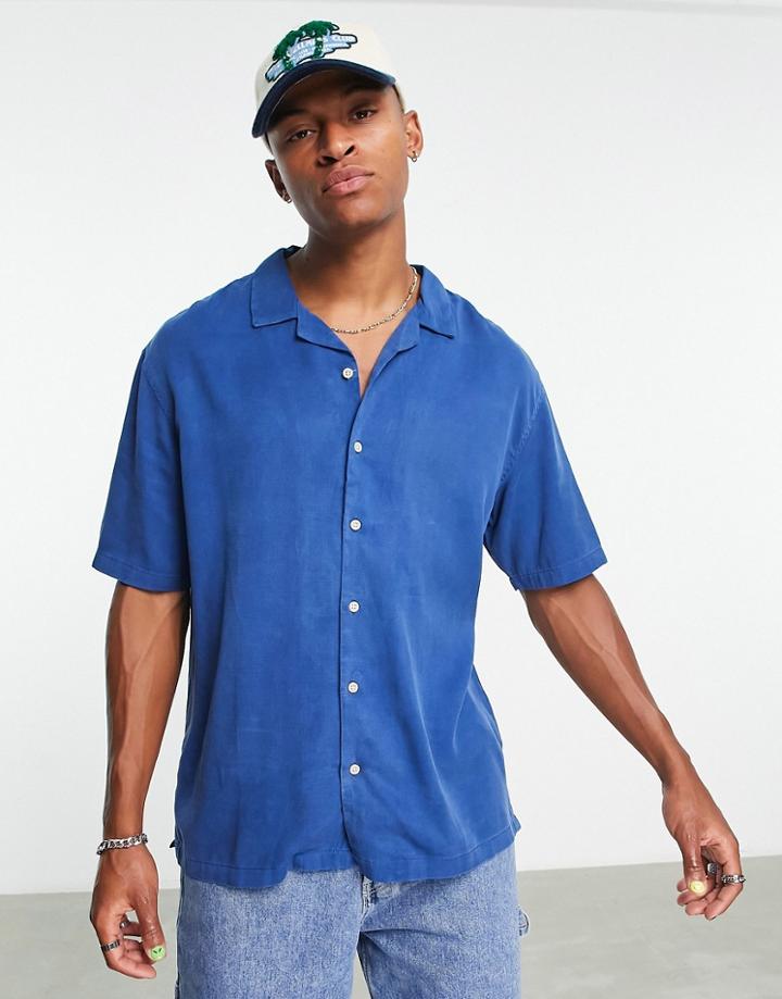 Bershka Revere Collar Shirt In Blue