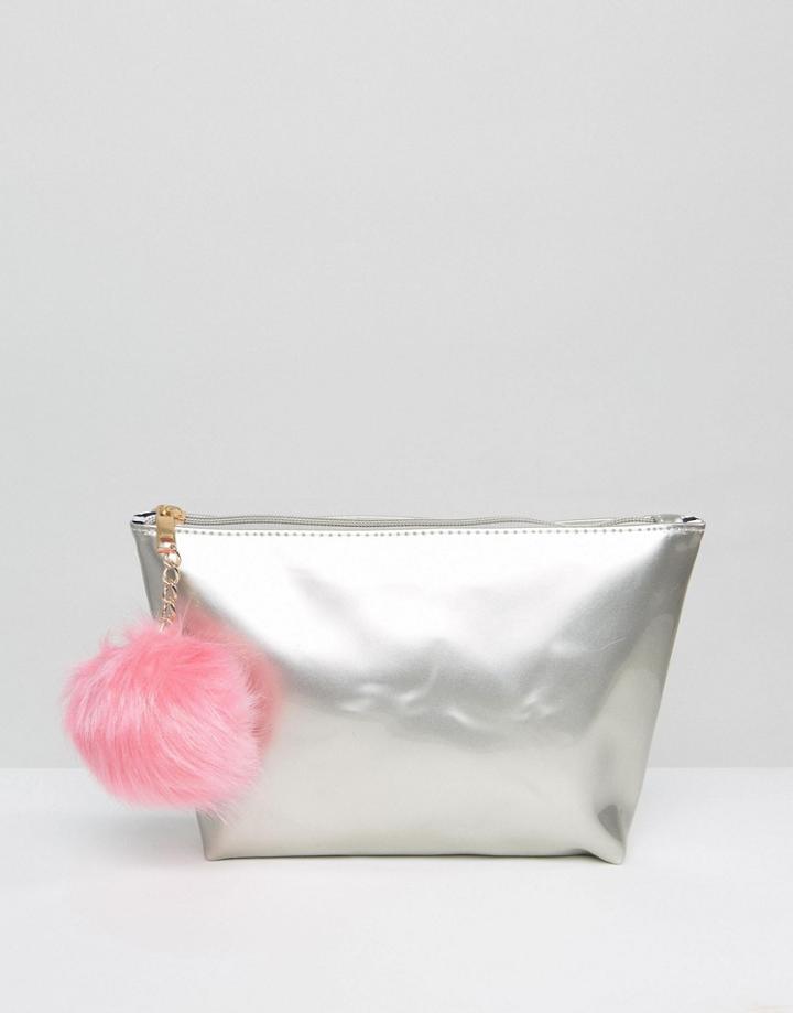 Yoki Metallic Makeup Bag With Pom Pom - Silver