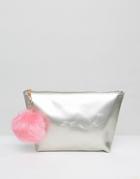 Yoki Metallic Makeup Bag With Pom Pom - Silver