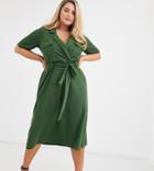 Asos Design Curve Midi Belted Shirt Dress In Slub - Green