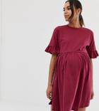 Asos Design Maternity Cotton Slubby Frill Sleeve Smock Dress-red