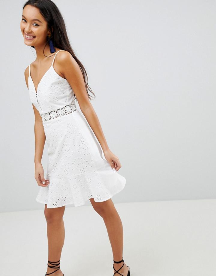 Parisian Broderie Cami Dress With Frill Hem - White