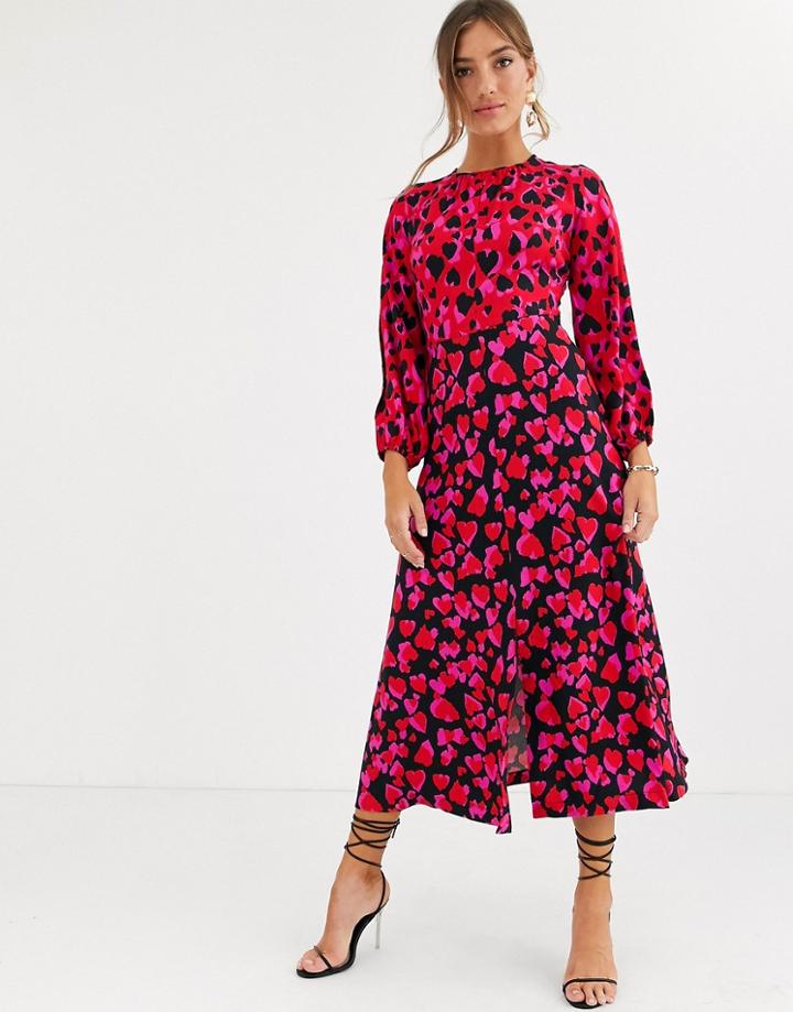 Closet Long Sleeve Split Midi Dress In Mixed Heart Print