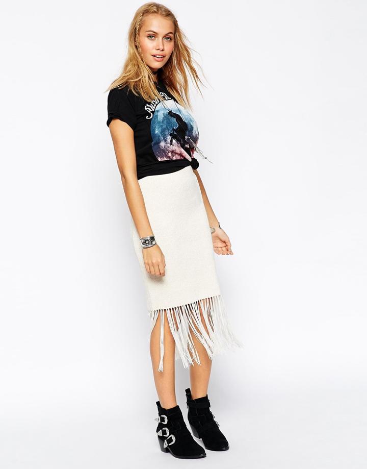 Asos Pencil Skirt In Knit With Fringing - Cream
