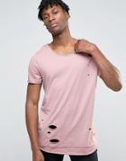 Asos Super Longline T-shirt With Distress And Scoop Neck In Pink - Pink