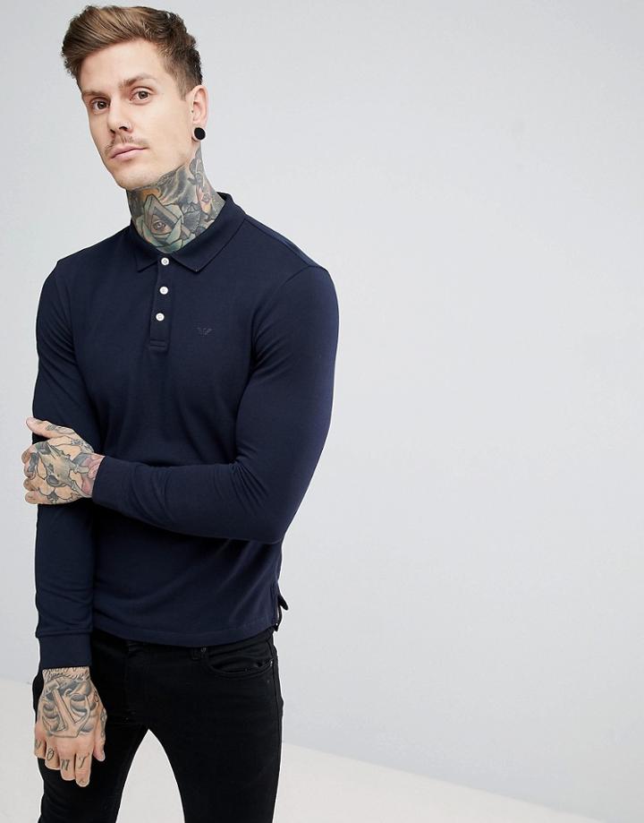 Emporio Armani Long Sleeve Logo Polo In Navy - Navy
