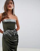 Asos Design Bandeau Maxi Dress In Drape Velvet With Fishtail Hem - Green