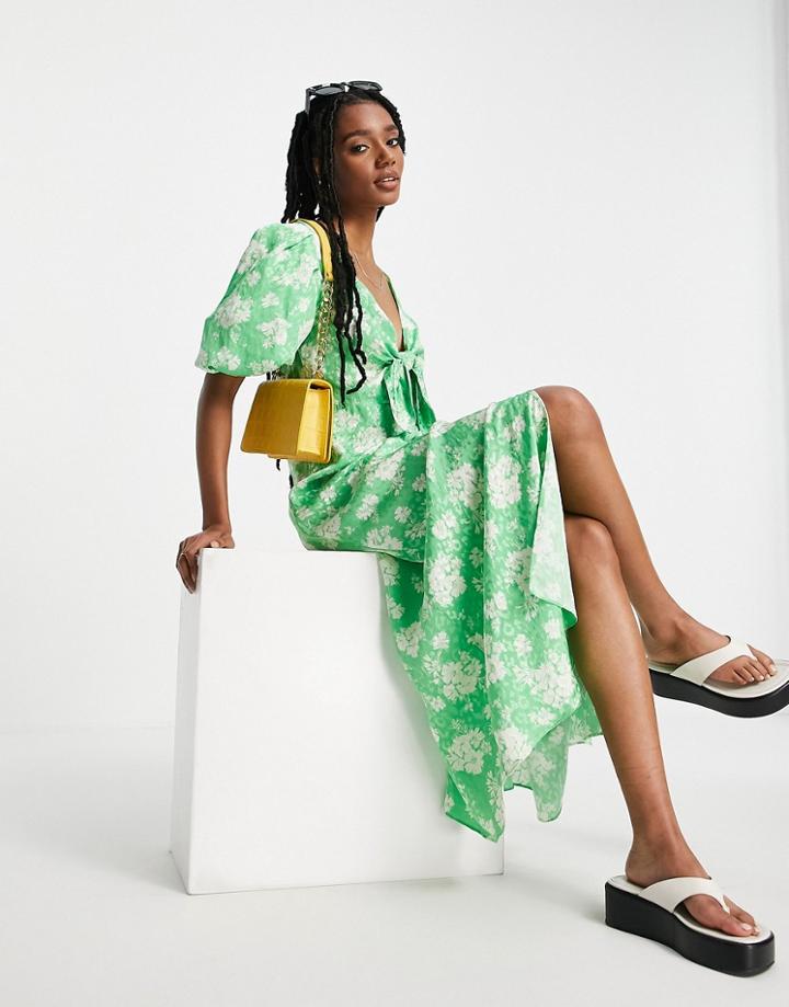 River Island Floral Tie Front Midi Dress In Green