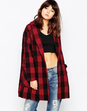 Native Youth Block Check Shawl Coat - Red