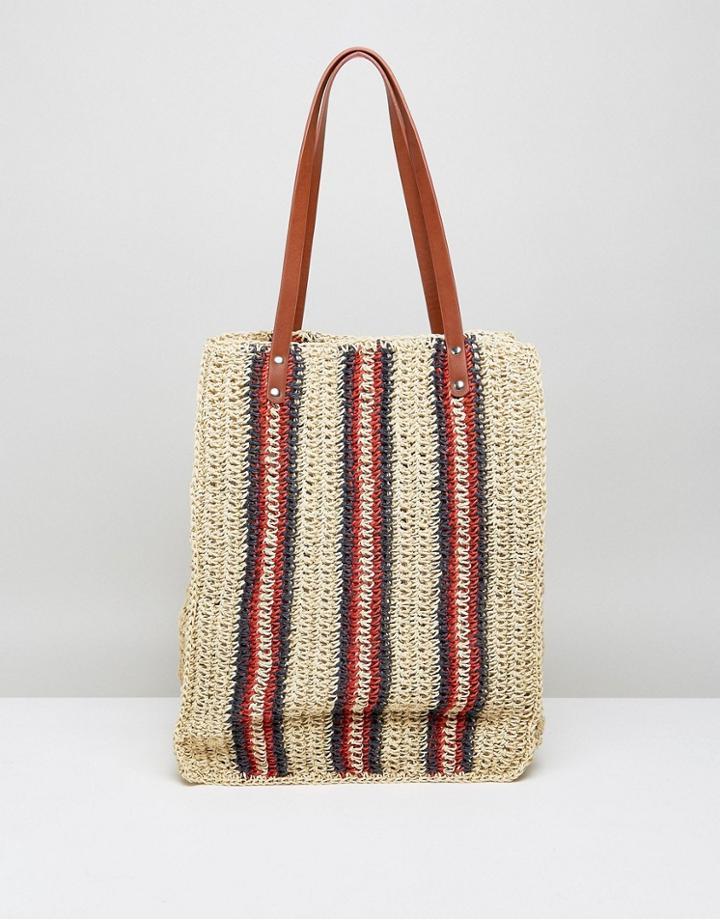 Vincent Pradier Veritcal Red And Blue Striped Natural Straw Tote - Multi