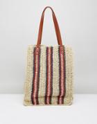 Vincent Pradier Veritcal Red And Blue Striped Natural Straw Tote - Multi