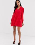 Asos Design Pleated Trapeze Mini Dress With Tie Neck - Red
