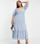 Asos Design Curve Lace Insert Midi Tea Dress In Blue Ditsy Floral-multi