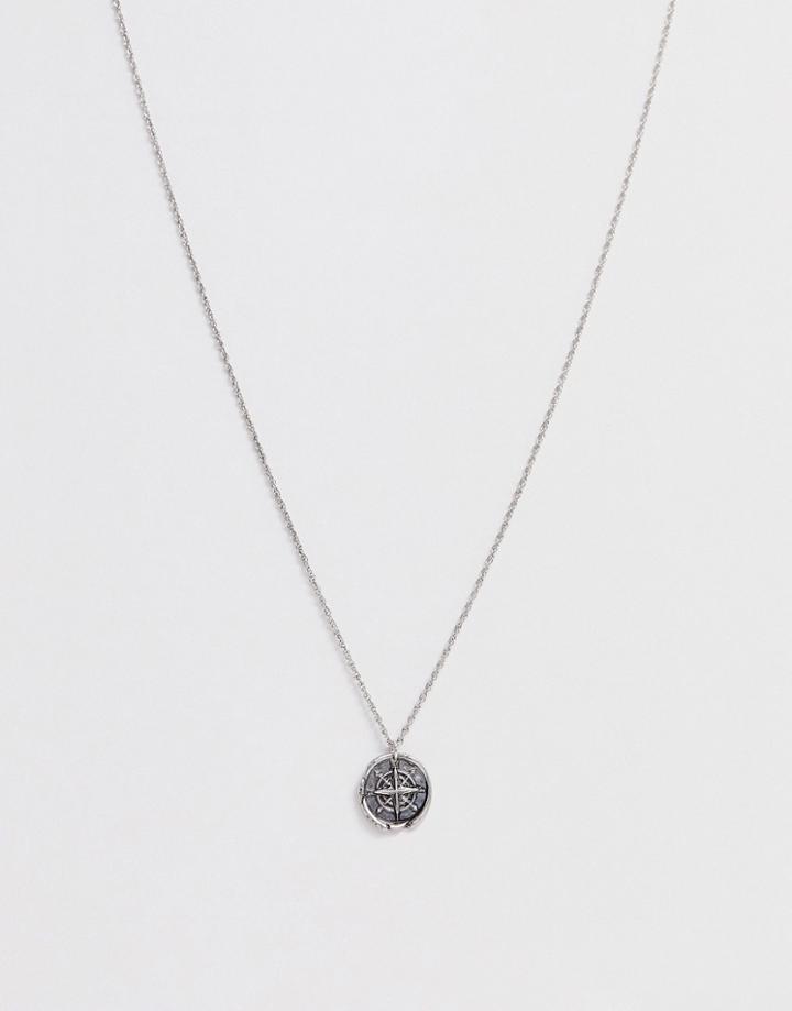 Asos Design Necklace In Burnished Silver Tone With Compass Coin - Silver