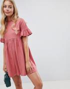 Asos Design Cotton Slubby Frill Sleeve Smock Dress - Pink