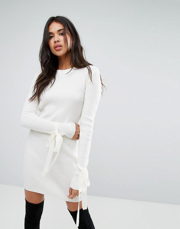 Boohoo Tie Cuff Rib Knit Dress - Cream