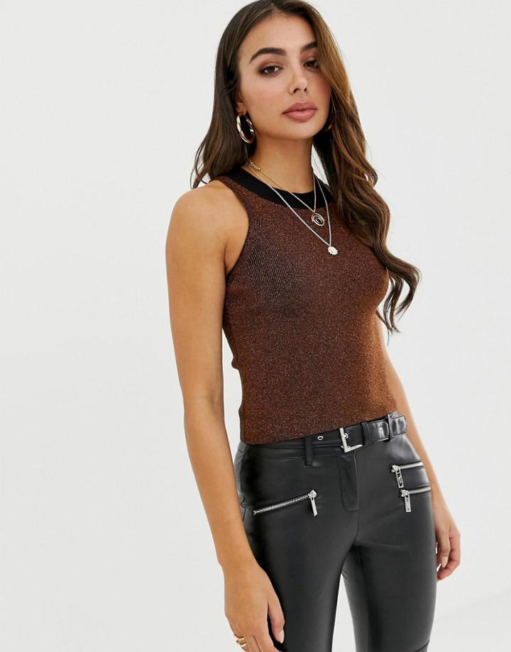 Asos Design Knitted Tank In Metallic Yarn - Brown