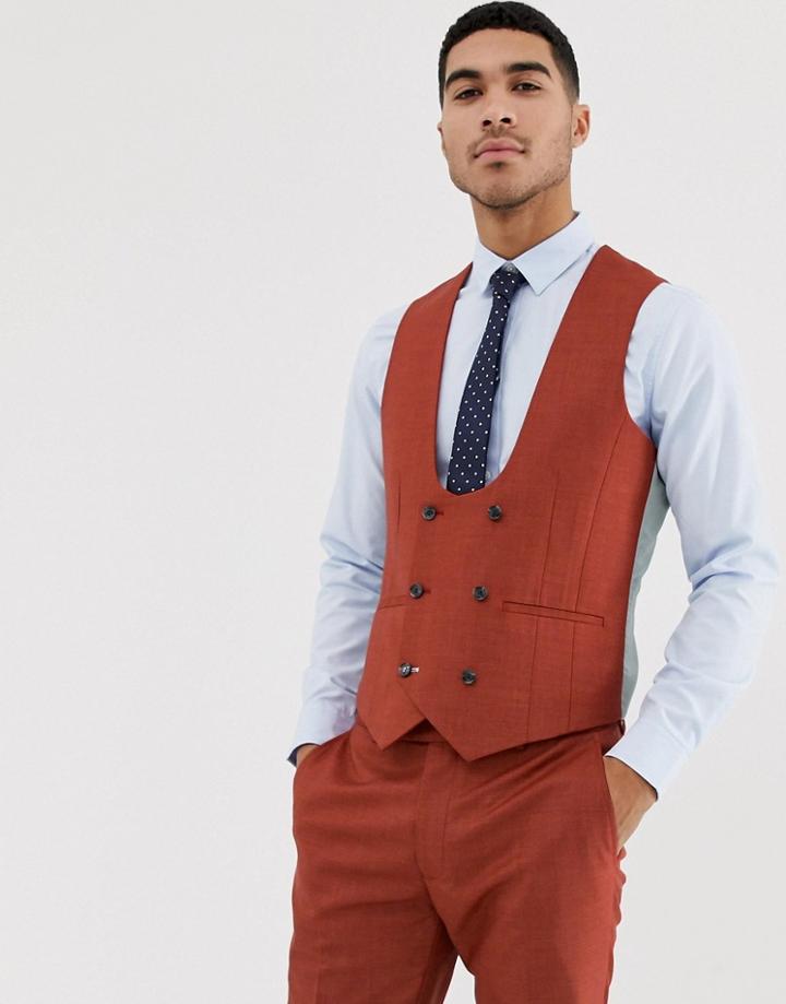 Harry Brown Skinny Fit Burnt Red Stretch Textured Curved Suit Vest - Red