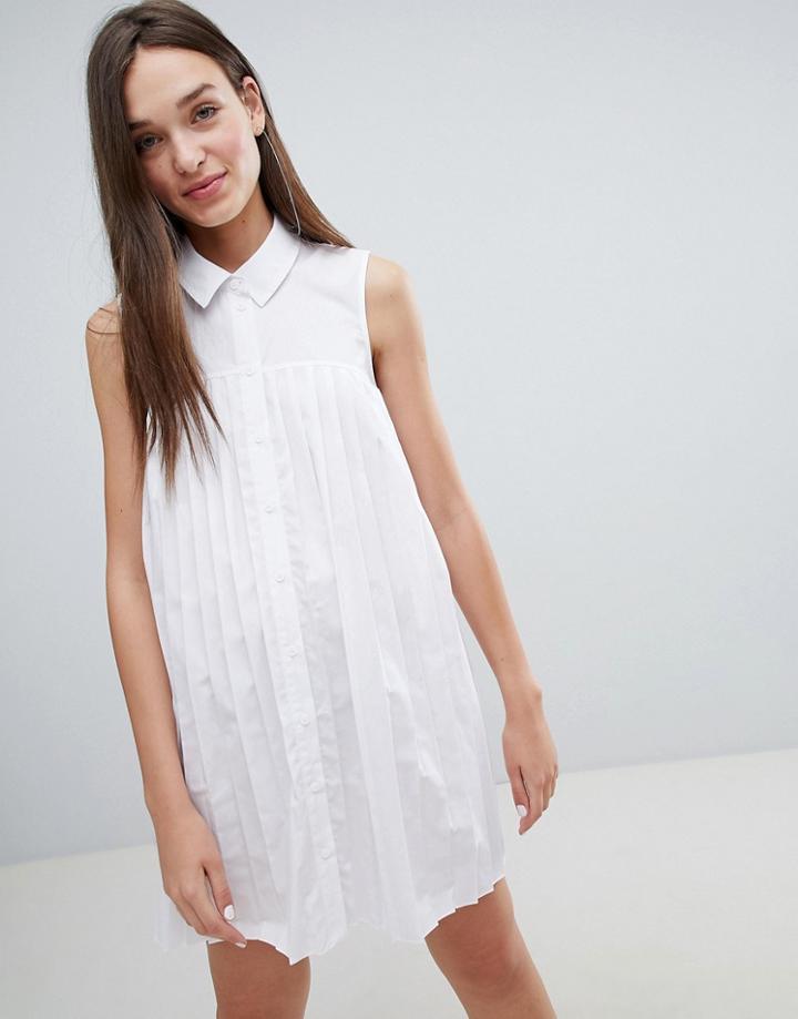 Asos Design Mini Cotton Pleated Swing Shirt Dress - White