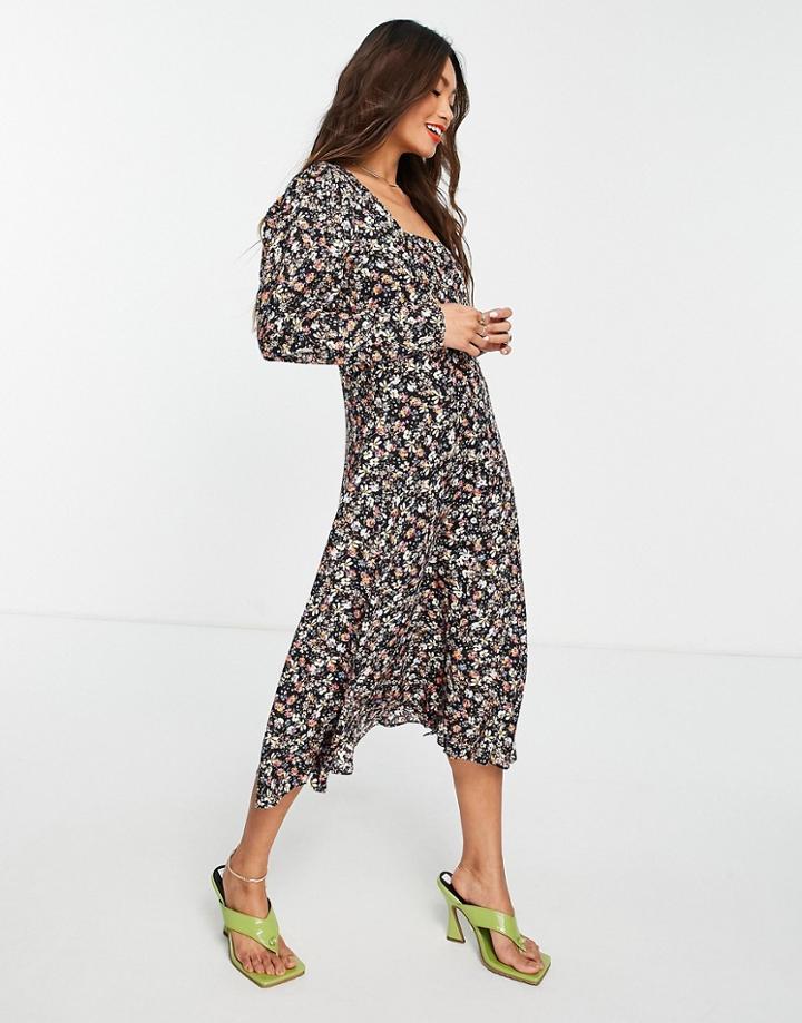 Trendyol Long Sleeve Midi Dress In Ditsy Floral Print-black