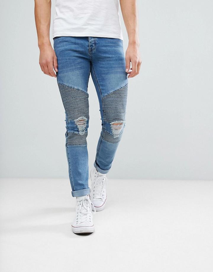 Boohooman Skinny Biker Jeans In Mid Wash - Blue