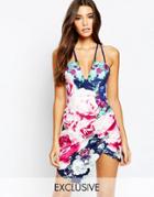 Ginger Fizz Wrap Skirt Mini Dress With Rose Print - Multi