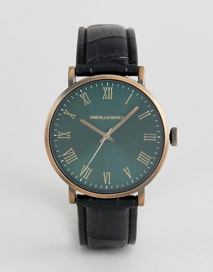 Asos Design Vintage Style Watch With Black Faux Crocodile Emboss Strap And Green Dial - Brown