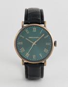 Asos Design Vintage Style Watch With Black Faux Crocodile Emboss Strap And Green Dial - Brown
