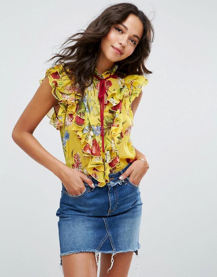 Asos Yellow Floral Sleeveless Blouse With Ruffle Front - Multi