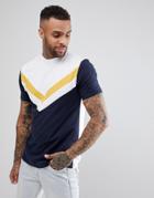 Asos Relaxed Longline T-shirt With Chevron Cut & Sew Panel - Navy
