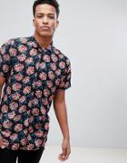 Brave Soul Short Sleeved All Over Floral Print Shirt With Revere Collar - Navy