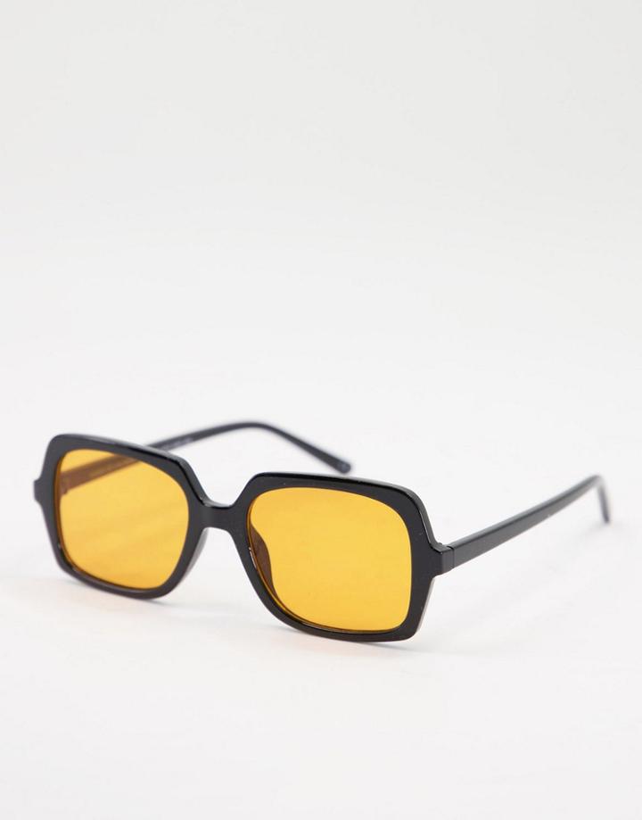 Asos Design Frame Mid Square Sunglasses With Orange Lens In Black - Black