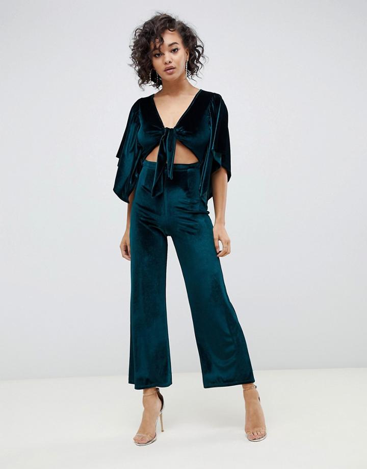 Asos Design Kimono Sleeve Jumpsuit With Tie In Velvet - Green